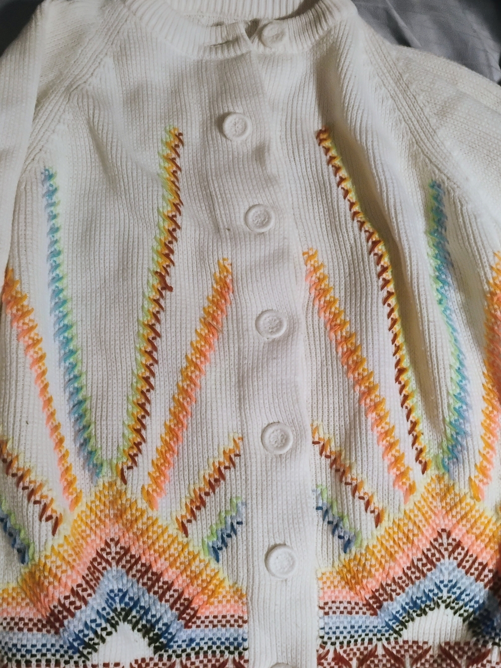 White Multicolor Embroidered Button-Front Cardigan